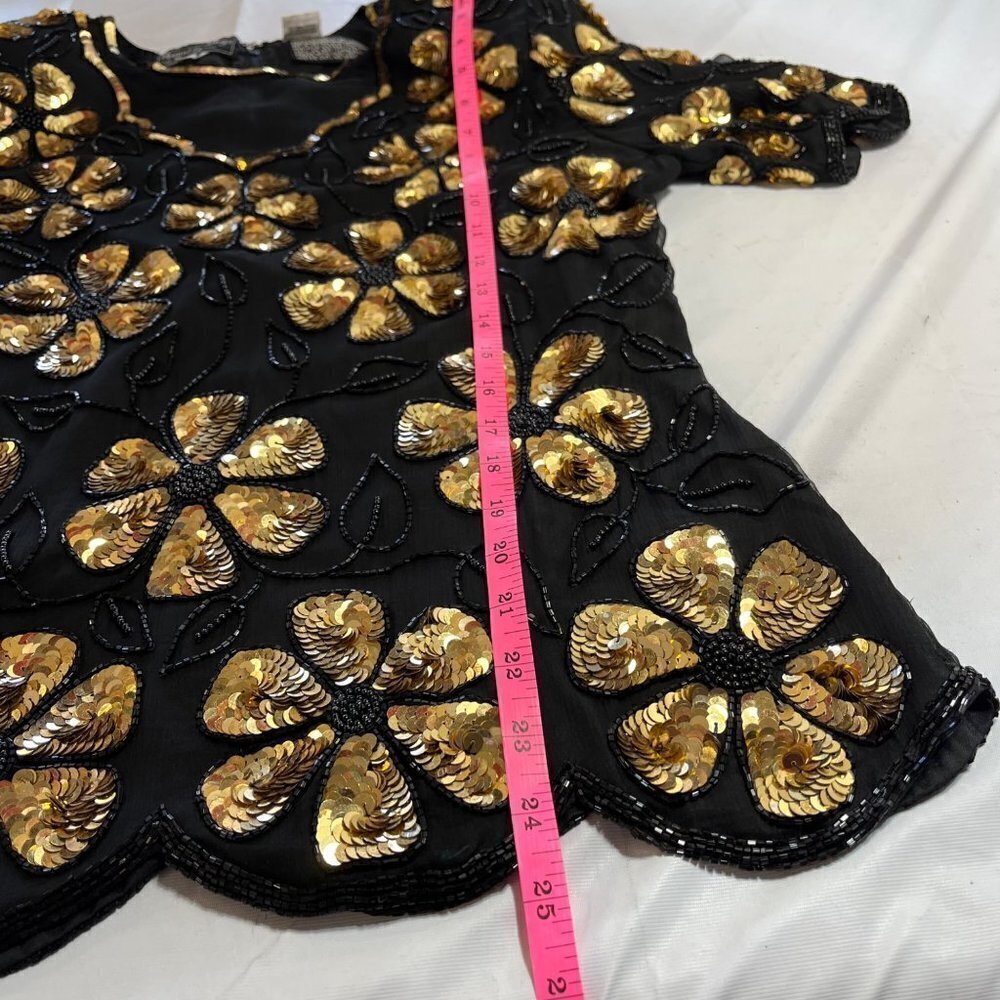 Vintage Royal Feelings Silk Beaded Sequin Blouse Floral Daisy Design Size LARGE - Picture 12 of 14